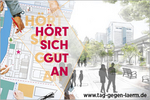 Zeichnung einer Stadt mit Bänken und Menschen. Darüber das Motto: Hört sich gut an.